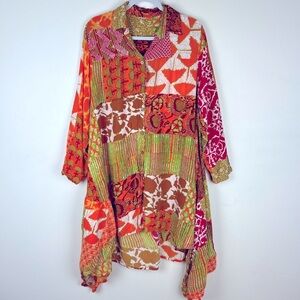 Art To Wear Lagenlook Festival Patchwork Print Button Down Top / Dres| M / L